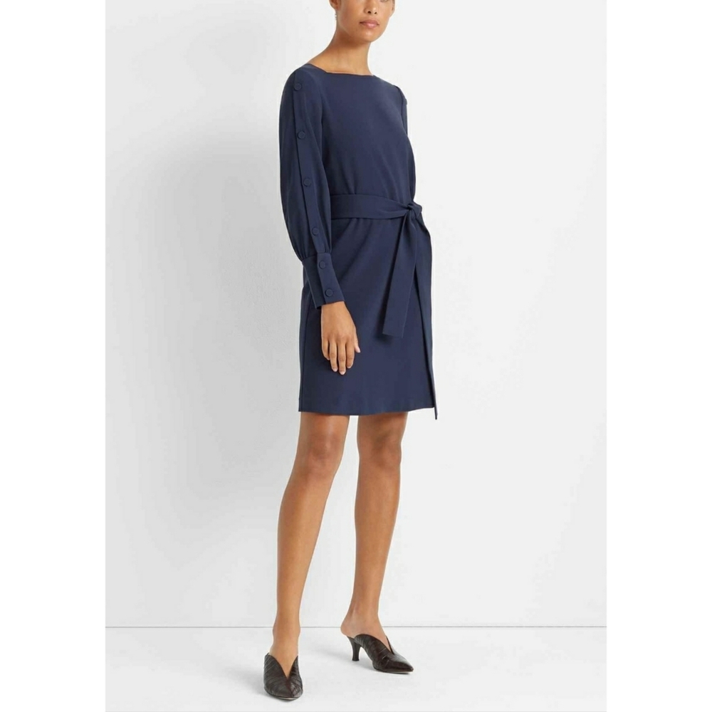 Club Monaco button sleeve vary blue belted dress